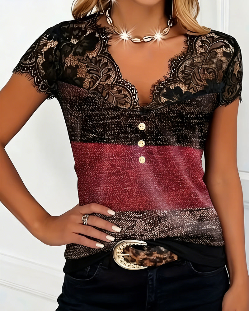 Sharon | V-Neck T-Shirt with Lace and Color Patchwork
