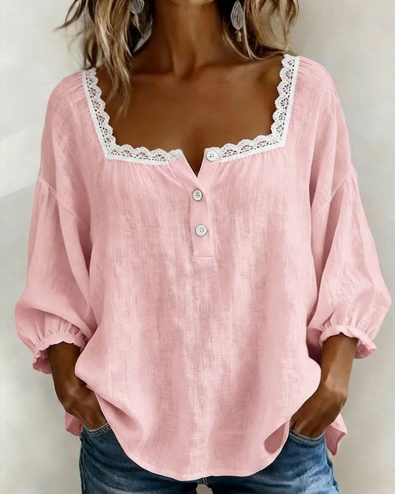 Cheryl | Lace Blouse with Square Neck and Puff Sleeves
