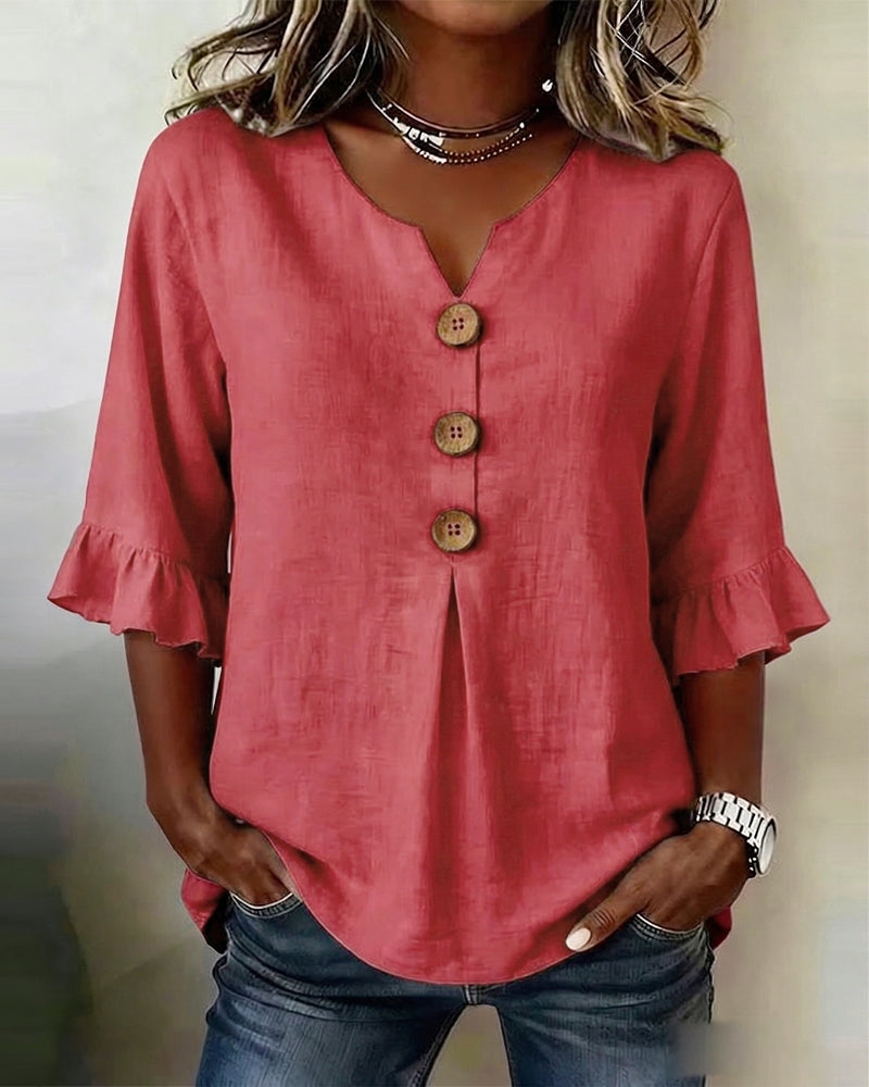 Janet | V-Neck Blouse with Wooden Buttons and Ruffled Sleeves
